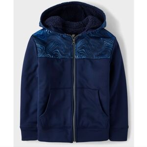 Children's Place Sherpa Lined Performance Full Zip Hoodie Navy Blue Print 7 8